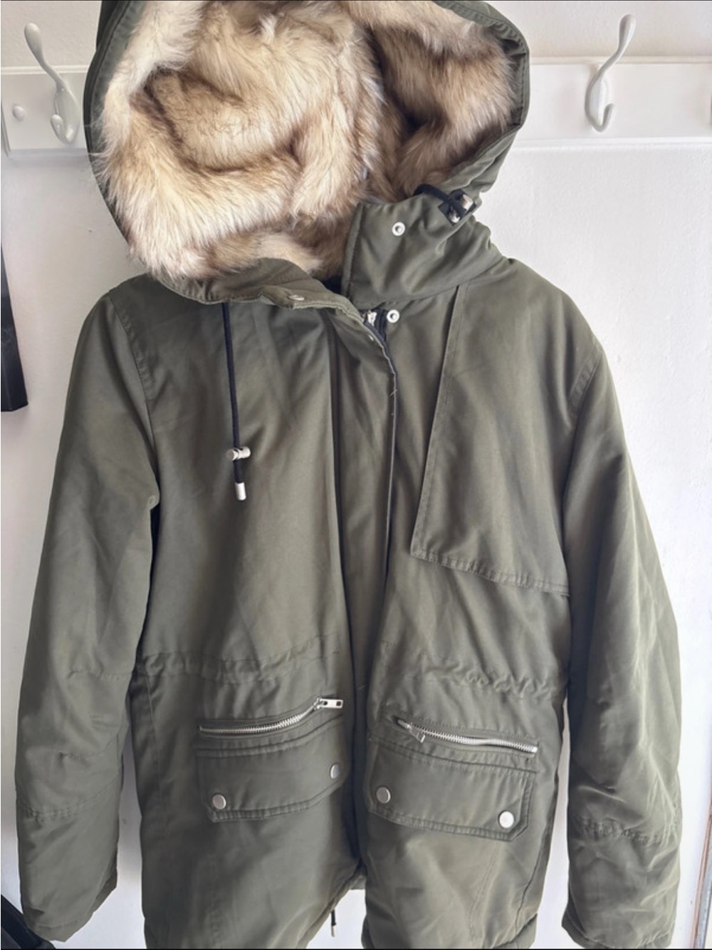 Forever 21 Olive Green Hooded Utility Parka with Faux Fur Trim